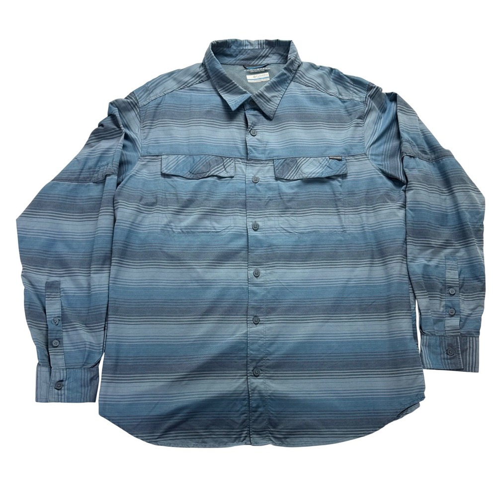Columbia Omni-Shade Mens XL Blue Striped Long Sleeve Fishing Hiking Shirt Vent